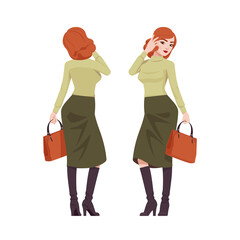 Red haired secretary woman, attractive redheaded business lady standing. Office work outfit, young elegant businesswoman. Vector flat style cartoon character isolated on white background, front, rear