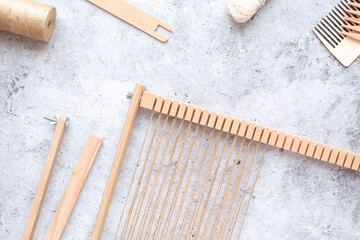 Weaving tools, needlework, handmade. Flat lay