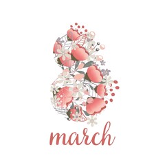 Beautiful delicate flowers on a white background. March. March 8. Spring. Women's Day. Cute illustration. Ideal for decorating postcards holiday. Vector illustration.
