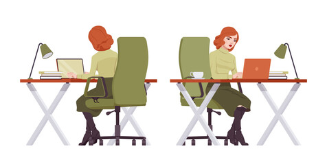 Fototapeta premium Red haired secretary woman, redheaded business lady working at desk. Office work outfit, young elegant businesswoman. Vector flat style cartoon character isolated on white background, front, rear view