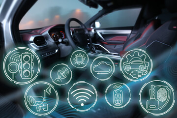 Smart auto banner with icons and machine benefits, electric machine, vehicle. Automotive...