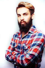 portrait of young bearded hipster guy smiling on white background close up isolated