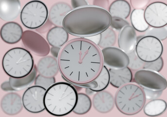 Fototapeta na wymiar Thema Zeit: rosafarbene und Silberne Uhren. Eine scharf im Vordergrund und viele unscharfe im Hintergrund alle mit der Zeit 12.05. 3d Rendering