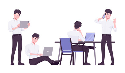 Office worker set, young businessman, male employee with gadgets. Brunette smart boy, manager in formal wear. Vector flat style cartoon character isolated on white background, different poses