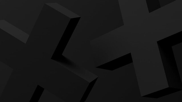 Two black crosses, black background. Abstract monochrome animation, 3d render.
