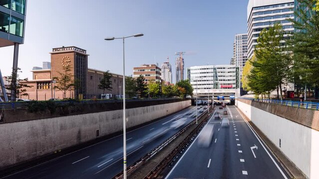 Day Time Lapse with traffic flow on highway in The Hague, The Netherlands