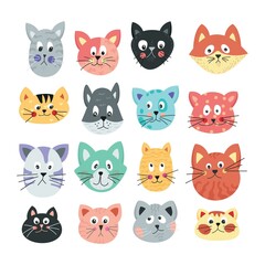 Set of beautiful, bright cats, on a white background. Cute cats. Set of stickers. All objects are separated. Vector illustration. Hand drawn. Vector illustration.