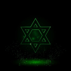 Obraz premium A large green outline star of David symbol on the center. Green Neon style. Neon color with shiny stars. Vector illustration on black background