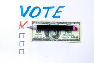 Buying votes of voters concept. Vote, dollars on a white background.