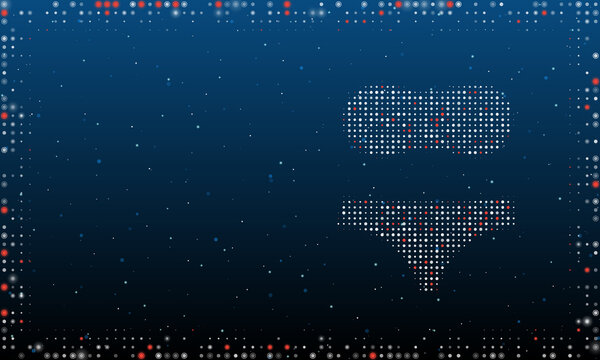 On the right is the bikini symbol filled with white dots. Pointillism style. Abstract futuristic frame of dots and circles. Some dots is red. Vector illustration on blue background with stars
