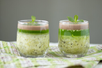 jelly with kiwi, chocolate and coconut decorated with mint