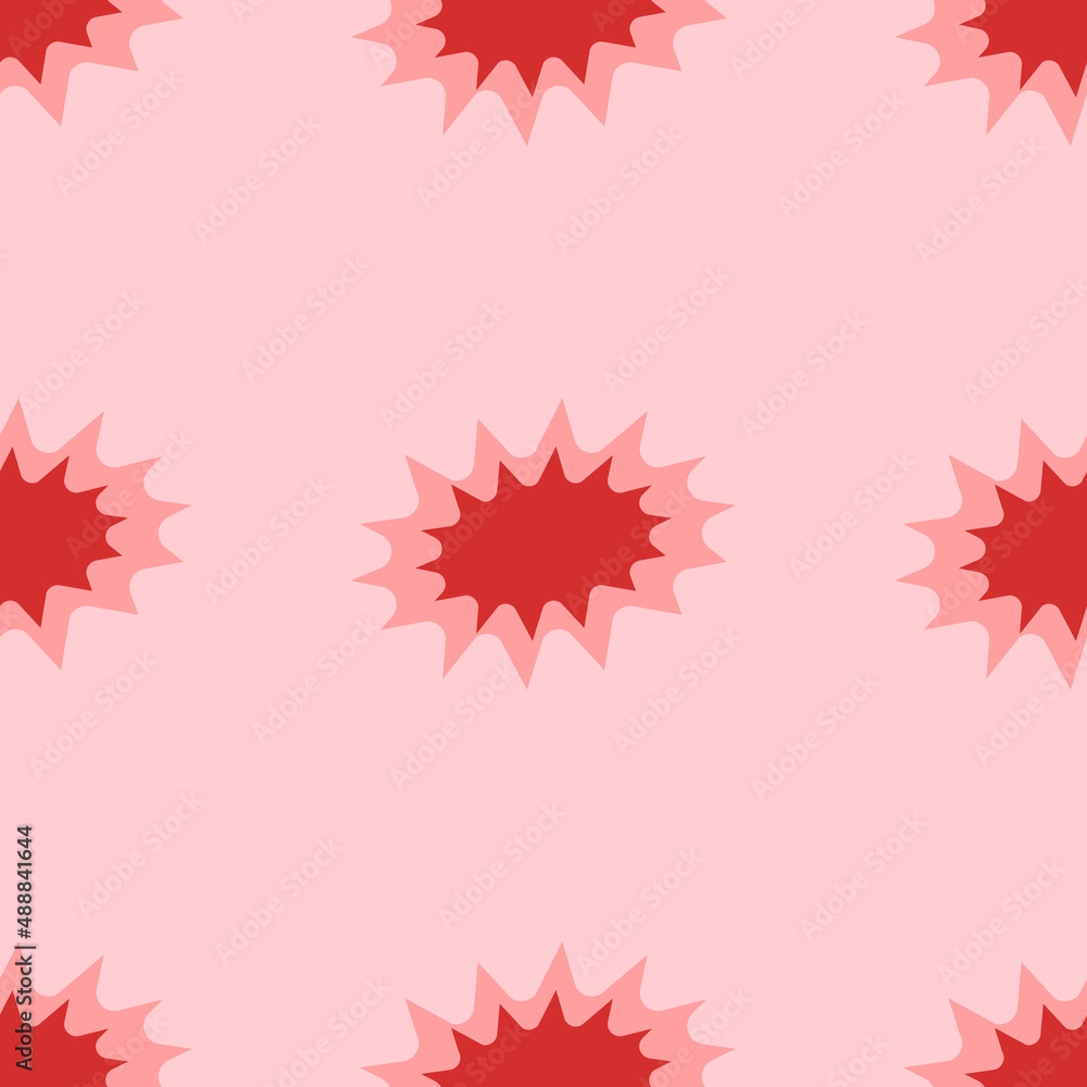 Poster Seamless pattern of large isolated red explosion symbols. The elements are evenly spaced. Vector illustration on light red background