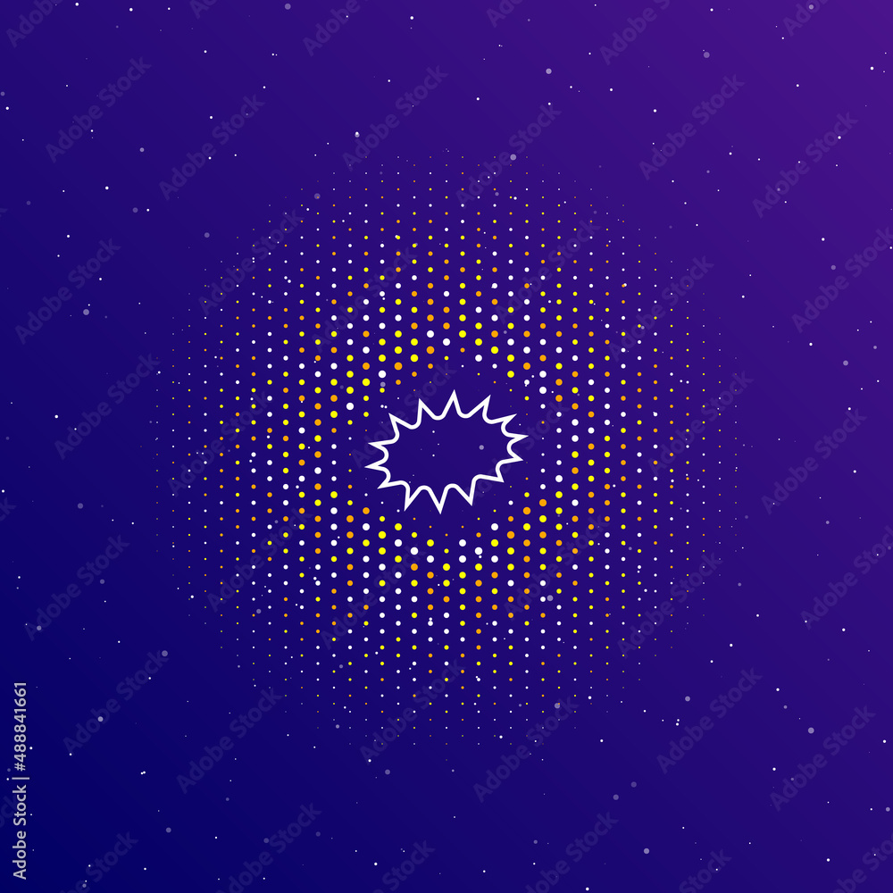 Poster A large white contour explosion symbol in the center, surrounded by small dots. Dots of different colors in the shape of a ball. Vector illustration on dark blue gradient background with stars