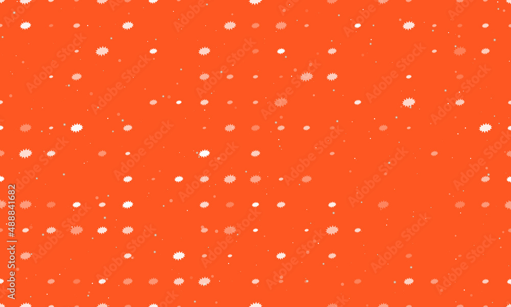 Poster Seamless background pattern of evenly spaced white explosion symbols of different sizes and opacity. Vector illustration on deep orange background with stars