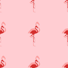 Seamless pattern of large isolated red flamingos symbols. The elements are evenly spaced. Vector illustration on light red background