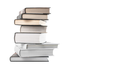 Banner with books stack isolated on white background. Hardcover books tower with copyspace....