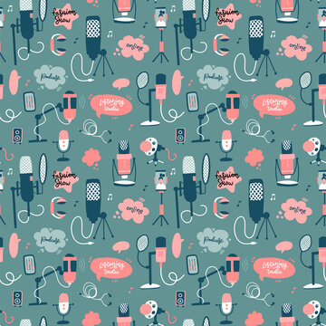 Podcast seamless pattern with mikes. Flat hand drawn vector illustration.