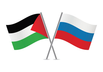 Palestine and Russia crossed flags. Palestinian and Russian flags, isolated on white background. Vector icon set. Vector illustration.