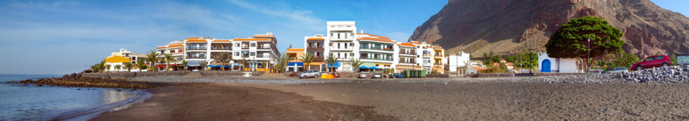 Panoramic view of a black sand beach in the south of the island of La Gomera. Canary Islands.