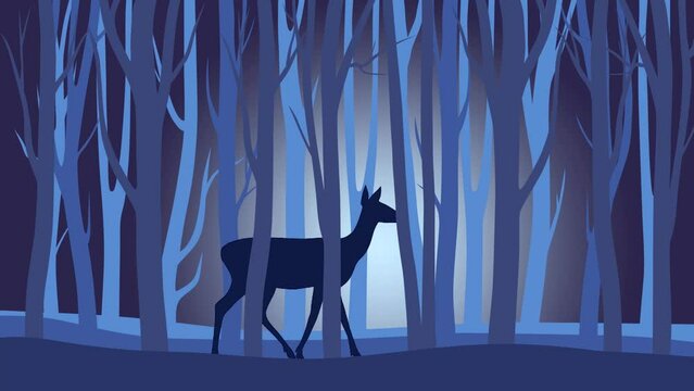 Beautiful night landscape with a roe deer walking in the forest (animation, seamless loop)