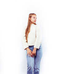 young pretty blond teenage girl emotional posing, happy smiling isolated on white background, lifestyle people concept