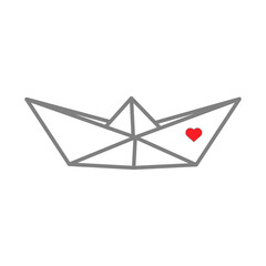 Vector illustration of paper boat icon with tiny heart. Outline simple craft paper boat isolated on white background. Icon symbol of travel and sea.