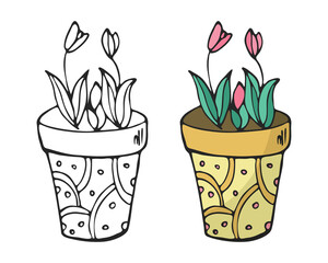 Tulip flower pot doodle icon set. Vector, united lines. Outline logo hand drawn illustration. Colored clipart. Decorative isoalted elements. Spring pastel colors, green, pink, yellow