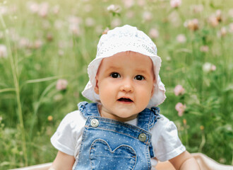 Portriat of adorable, charming toddler girl in flowers meadow. Smiling happy baby child on summer day with colorful flowers, outdoors. Happiness and summertime.