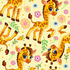 Seamless pattern with cute giraffes and flowers vector