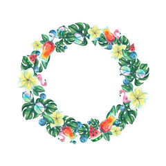 illustration watercolor beach bar frame decoration set of elements cocktail blueberry watermelon plumeria sunglasses glass monstera inflatable circle flamingo postcard banner menu poster clothes