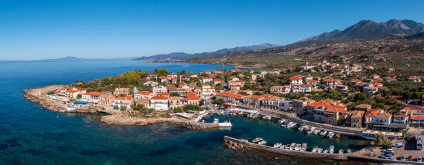 Fototapeta na wymiar Greece Peloponnese. Mani, Agios Nikolaos traditional fishing village and port, aerial panorama