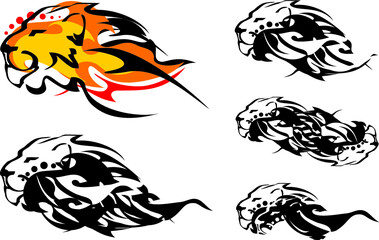 Obraz premium Flaming lion head symbols in form of a wave on a white background. Roaring lion's head in orange-black and black-white tones for web icons, embroidery, prints, emblems, fabric products, logos, etc.