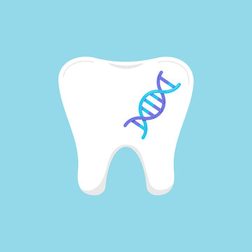 TTooth with dna dental icon isolated on blue background. Strong healthy tooth with chromosome gene. Vector flat design human dentistry clip art illustration.