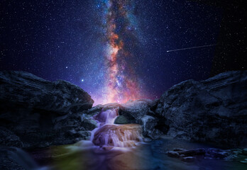 Colorful waterfall with milky way
