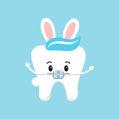 Cute easter tooth in braces icon isolated. Orthodontist dentistry tooth character in brackets with easter bunny ears costume. Flat design cartoon vector clip art dental kids illustration.