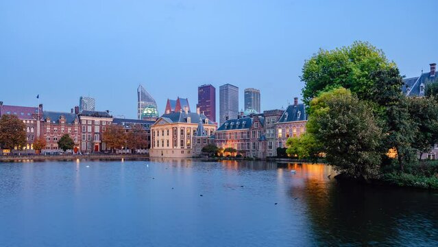Day to Night Time Lapse from Den Haag with clouds and Binnenhof at sunset, Zuid-Holland, The Netherlands