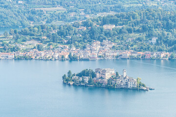 Aerial view of the Island of San Giulio in the Lake Orta