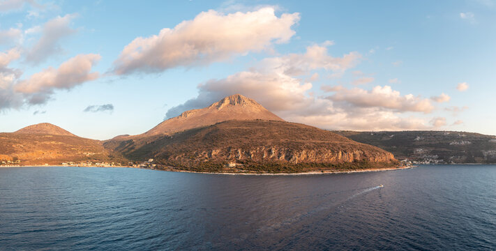Greece, Peloponnese. Laconia Mani bay, Oitylo to Limeni coastal village, aerial view