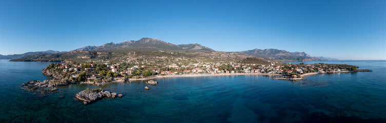 Fototapeta na wymiar Greece Peloponnese. Stoupa seaside village and beach, aerial panorama view. Mani, Messenia