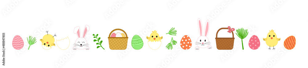 Wall mural easter vector cute set, cartoon rabbit and egg hunt, spring basket, chick with shell, happy bunny is