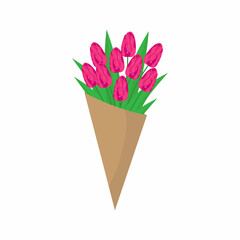 Colorful bouquet of pink tulips Beautiful bouquet of spring flowers with long leaves inside the bouquet. Flat style vector illustration