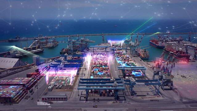 Futuristic Port harbor with 5G network and technology data communication, aerial, technology concept, drone shot with artificial intelligence, digital network
