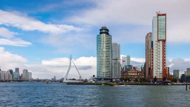 Day Time Lapse of Rotterdam Skyline with Erasmusbrug, Rotterdam, Zuid-Holland, The Netherlands