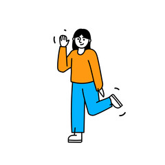 Girl waving hand flat vector illustration. Black hair woman in a yellow shirt and blue jeans saying hi web illustration. 