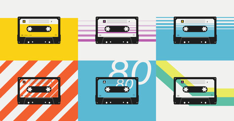 Colorful Retro Cassettes with different vintage patterns. Set of six cassettes Tapes. Every illustration is isolated	