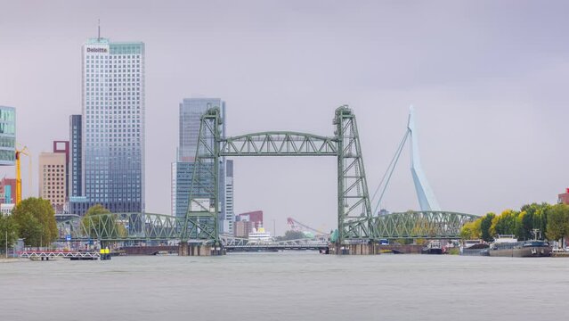Day Time Lapse of Rotterdam Skyline with Erasmusbrug, Rotterdam, Zuid-Holland, The Netherlands