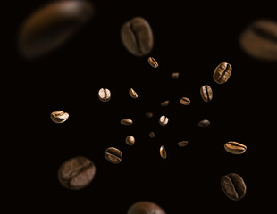 Coffee beans in flight on a dark background