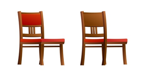 Chair made of wood with red soft upholstery. Furniture set. Front and back view. Cartoon funny style illustration. Vector