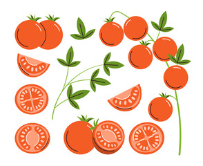 A set of fresh, juicy tomatoes. The set contains tomatoes and cherry tomatoes, whole and sliced. Healthy, natural food. Modern colorful vector illustration.