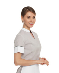 Portrait of chambermaid in tidy uniform on white background